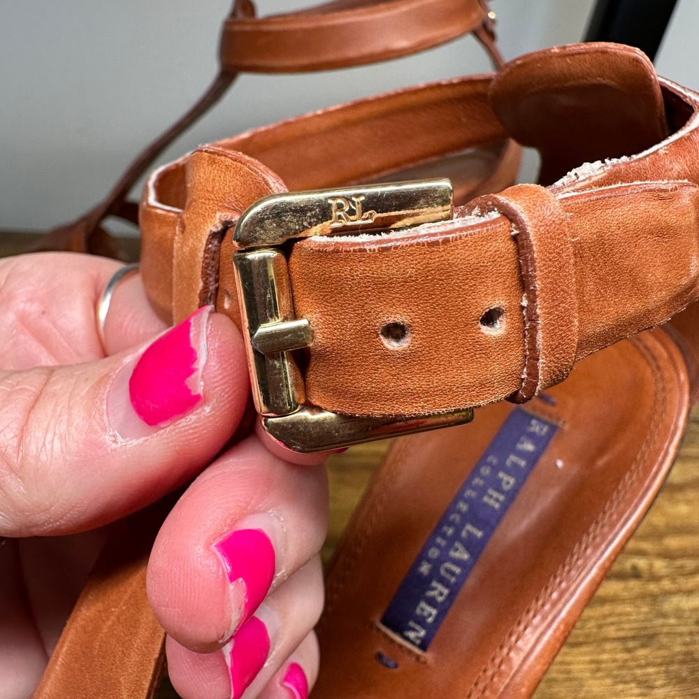 Ralph Lauren Purple Label Collection Leather T-Strap Platform Sandals Wooden 8.5 - Picture 9 of 12